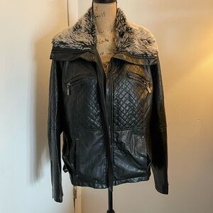 Jou Jou Black Quilted Faux-Leather Jacket with Faux Fur Trim